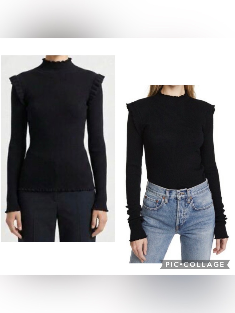 CURRENT/ELLIOTT Women’s Black THE RUFFLE RIB TOP Long Sleeve Knit Ruffle Size M